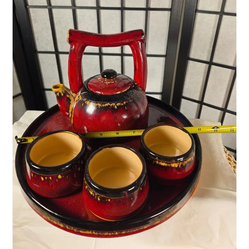 Pier 1 Shanghai Tea Set Red Black Reactive Glaze Earthenware 5 Piece Set